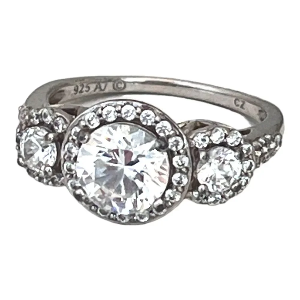 Vintage 1990s Sterling Silver Ring Three Stone CZ Halo Size 7 Engagement - 5X